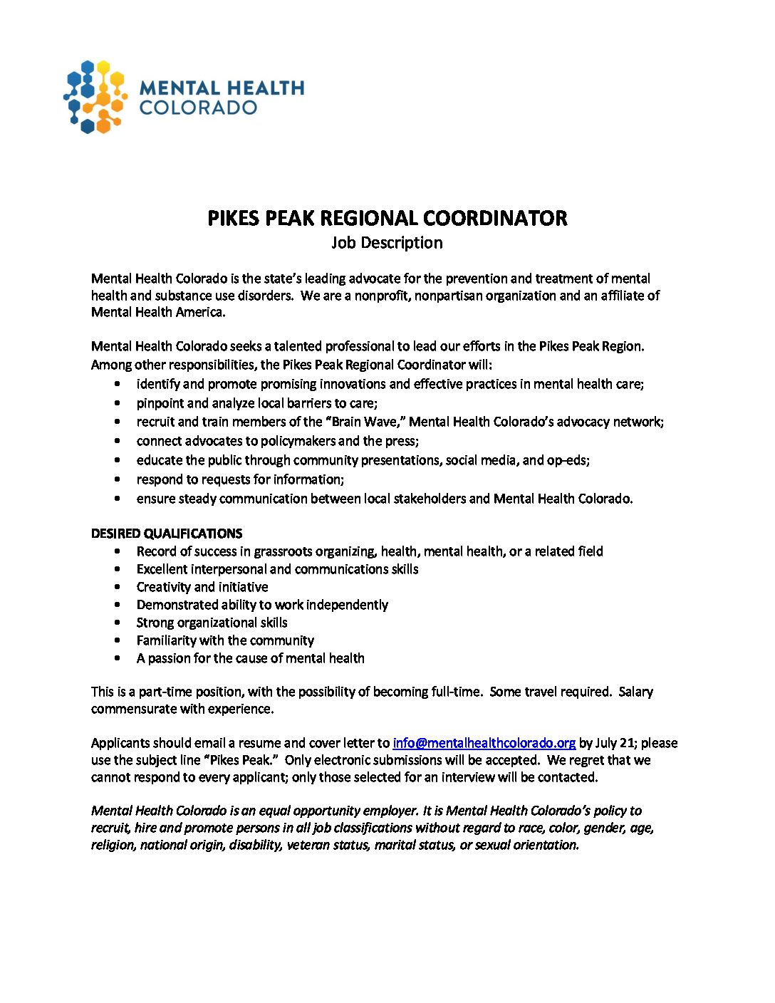 regional coordinator job description pikes peak mental health colorado it coordinator job description