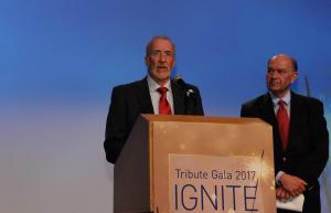 Chair of the Board of Directors, Tom Barrett, and Senior Vice President of Commercial Banking at Citywide Banks, Stephan Ghadaifchian, present the Lifetime Achievement award